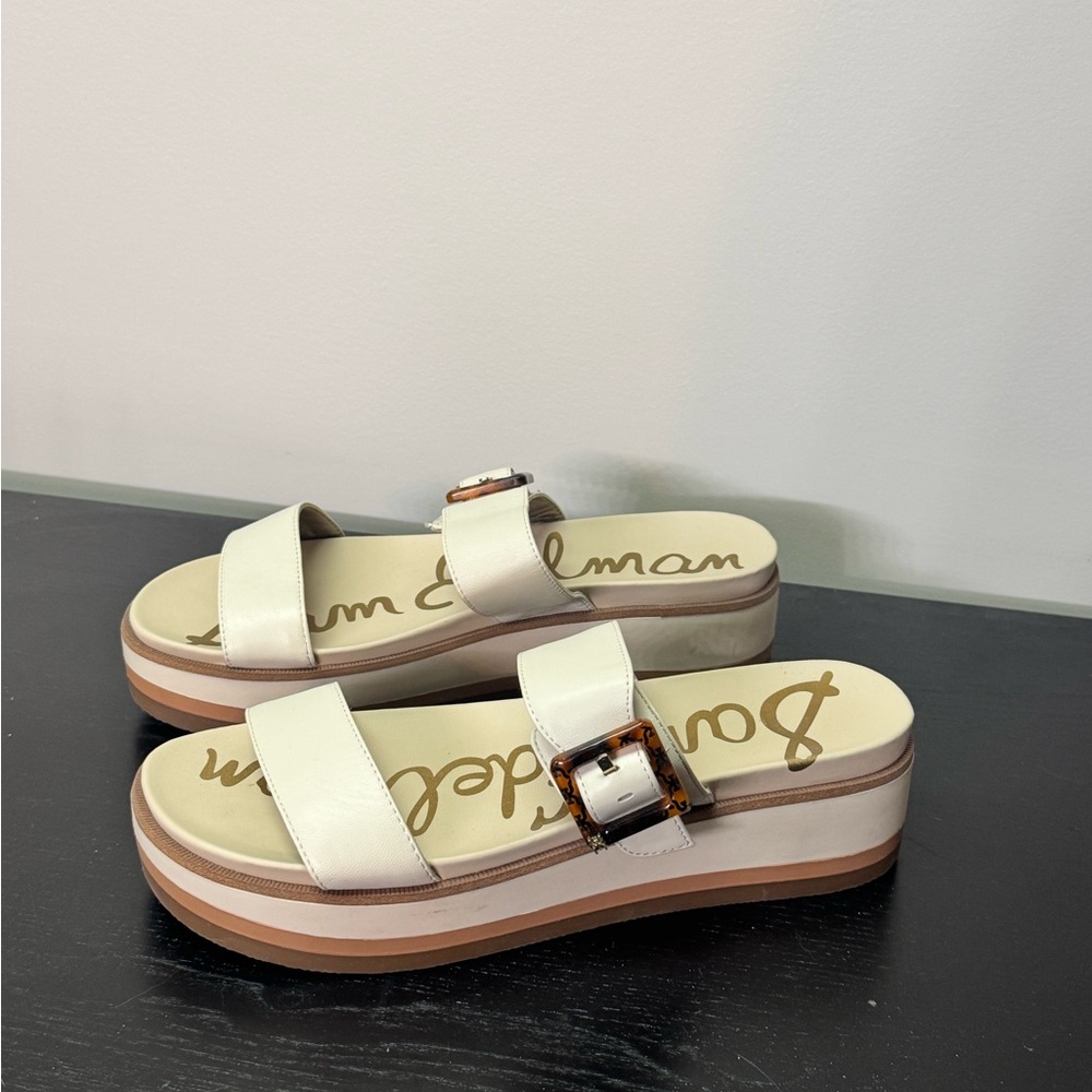Sam Edelman Ivory Platform Slide Sandals with Tortoiseshell Buckles